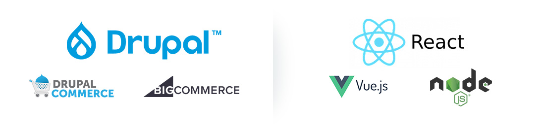 Drupal, React, BigCommerce, Drupal Commerce Logos