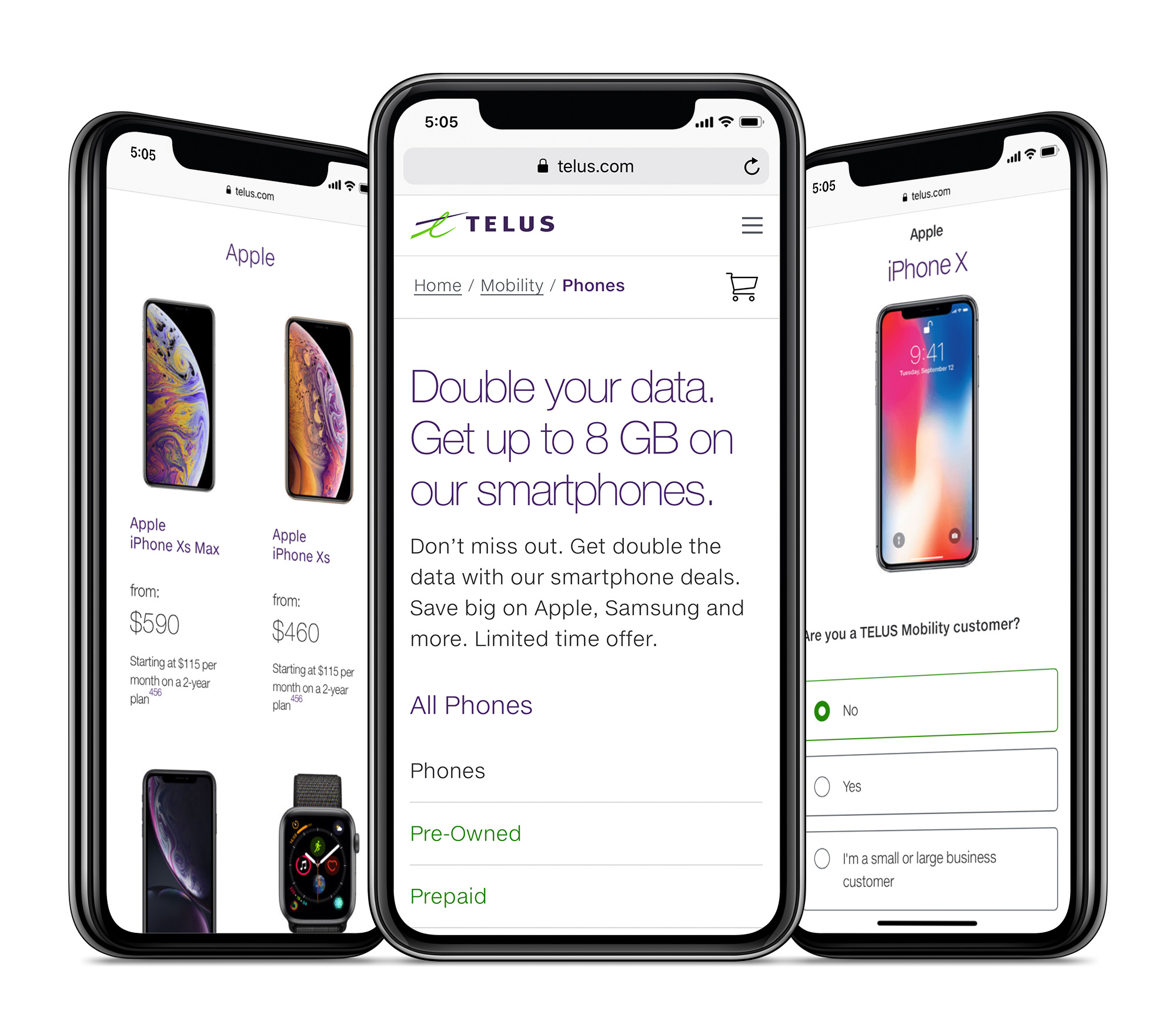 Telus website displayed on iphones
