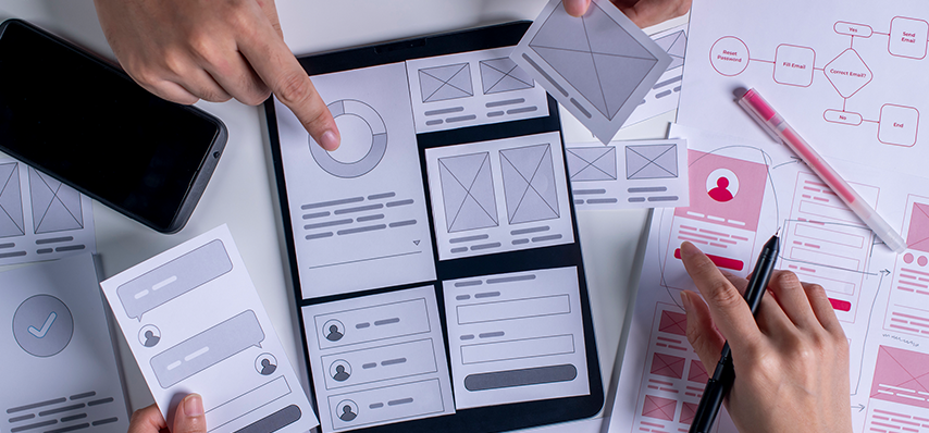 Prototyping Fidelity in Website Development | Image showing various mock ups for a web page layout, in different fidelities